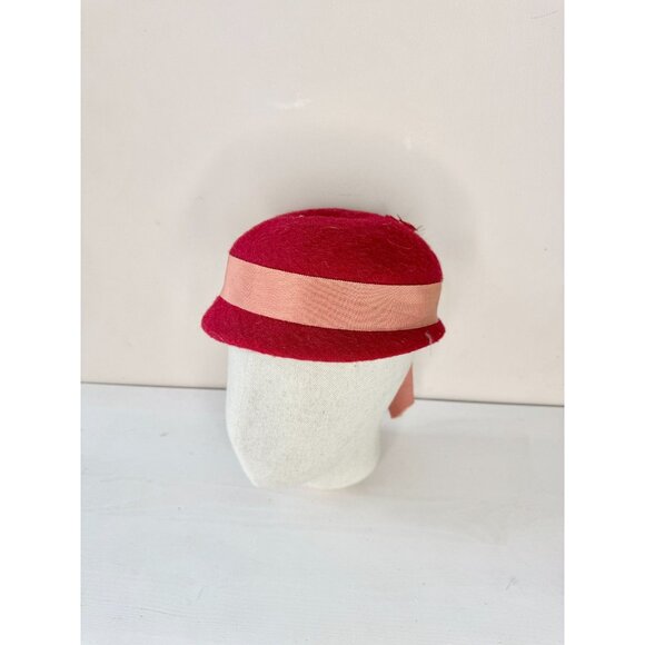 Vintage Red Wool Felt Pink Grosgrain Ribbon Feather Capulet Hat - Picture 2 of 16